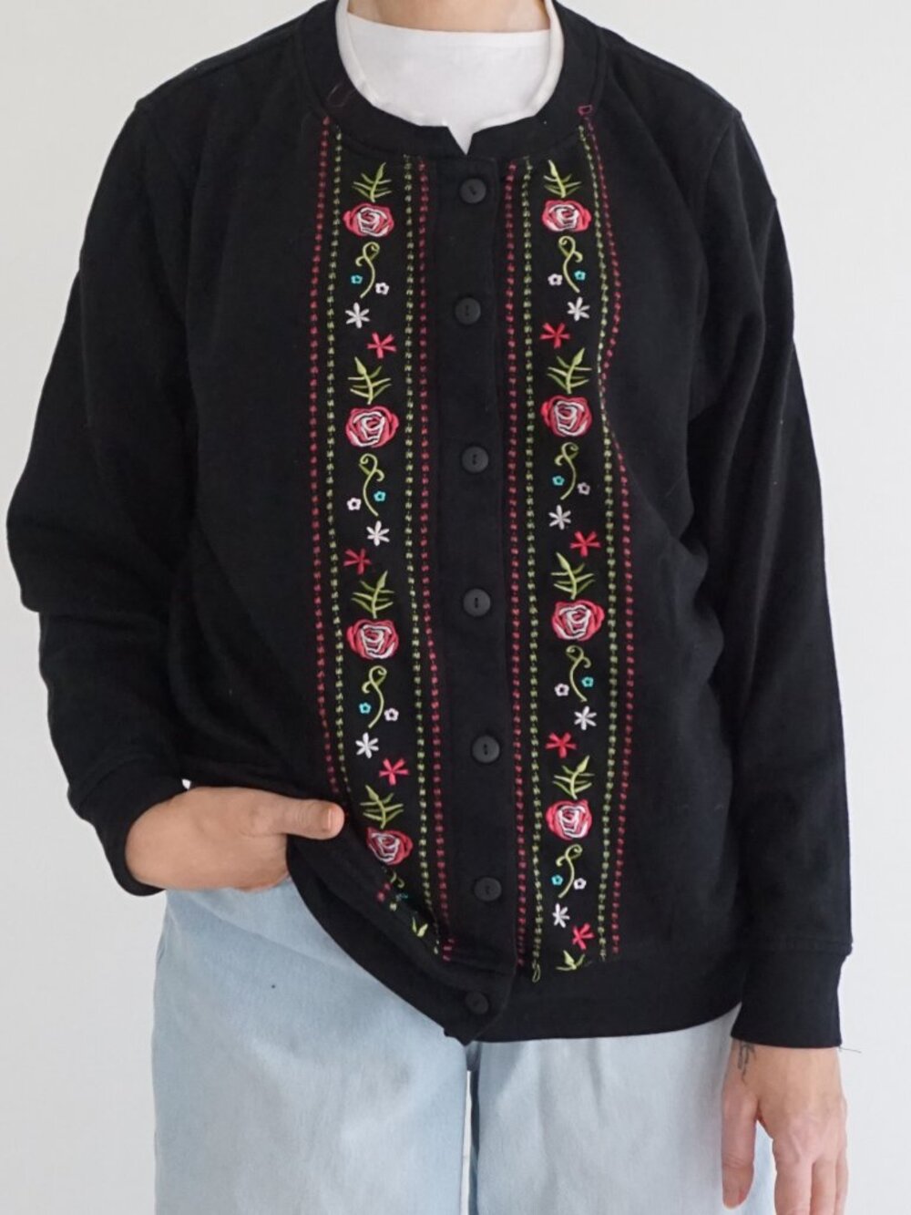 Vintage C&K Designs Black Floral Embroidered Button Cardigan Cottagecore L